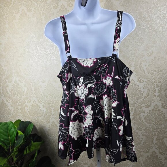 Avenue Size 18W Black White Pink Floral Pattern Tankini Top Handkerchief Hem - Picture 8 of 12